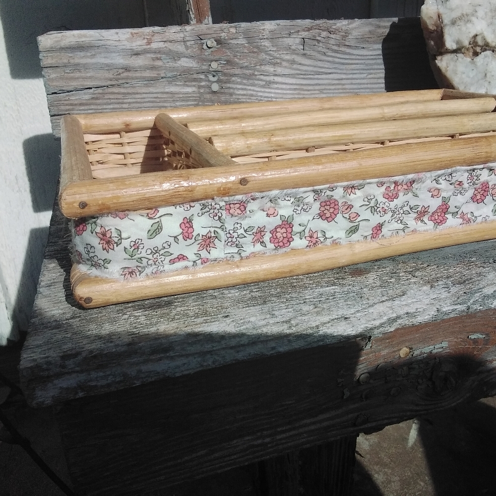 5 For $50🔥  Vintage Woven Bamboo Cutlery Or Desk Tray W Added Ribbon Trim - Picture 8 of 10